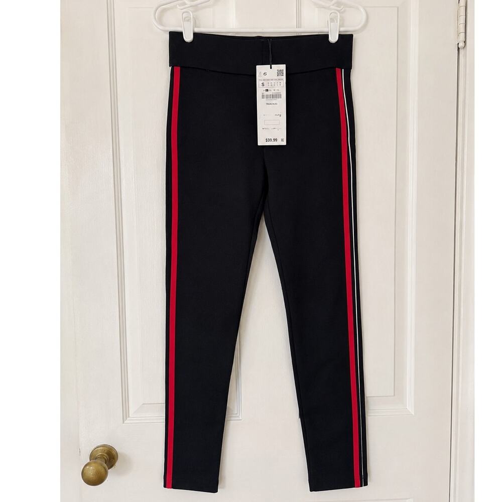 Zara Trafaluc Mid-Rise Side Stripe Leggings Pants Black Red White Size S NWT
